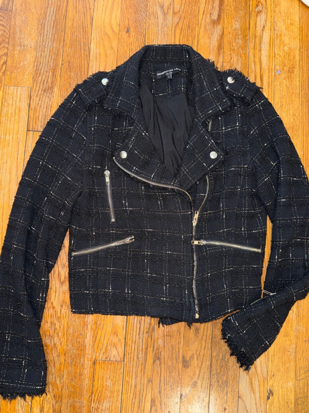 Generation Love Black Tweed Moto cropped Jacket with Silver Hardware size Small